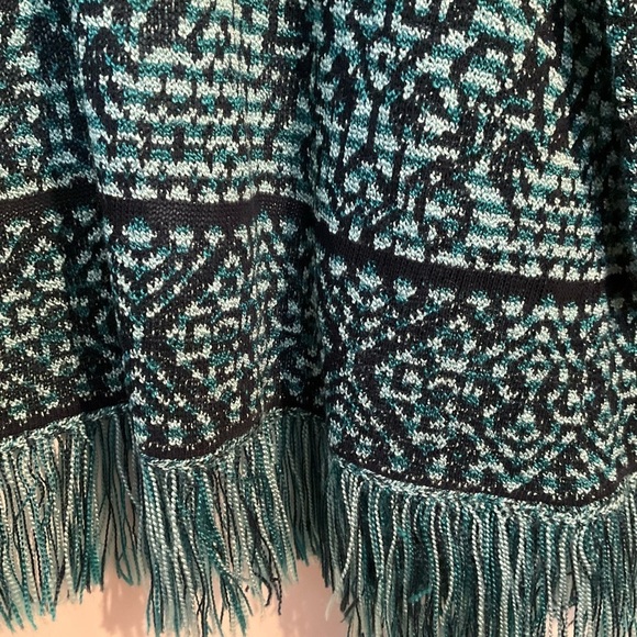 Ruby Rd. petite Sweater PL Cardigan Teal Navy Patterned Open Front Fringe Hem - Picture 5 of 7
